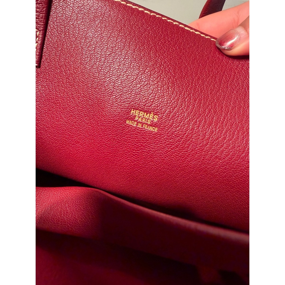 Hermes Vintage Tote Bag Burgundy Red Leather Woven Textile Striped Made in Franc - Picture 2 of 11
